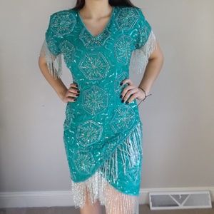 Vintage 1920s Inspired Beaded Flapper Dress Silk